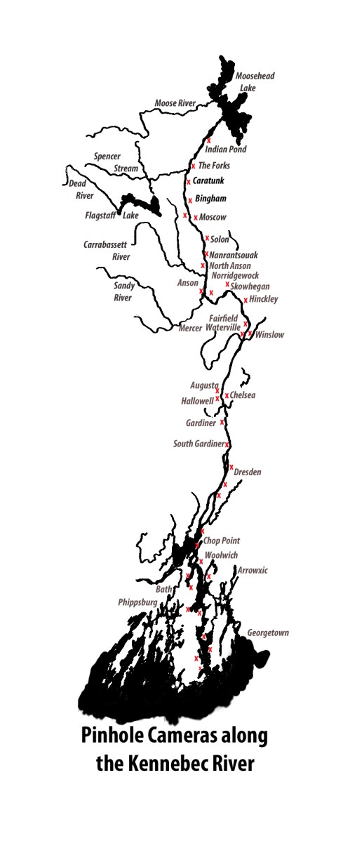 The map of the Kennebec River showing where the pinhole cameras were set for the Solargraph project