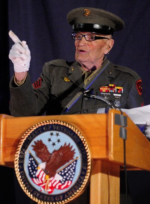 Leroy Peasley performs during the 2014 Maine Veterans Creative Arts Festival on Saturday in the Togus auditorium. Peasley served with the Marines on Iwo Jima during World War II. Joe Phelan/Kennebec Journal