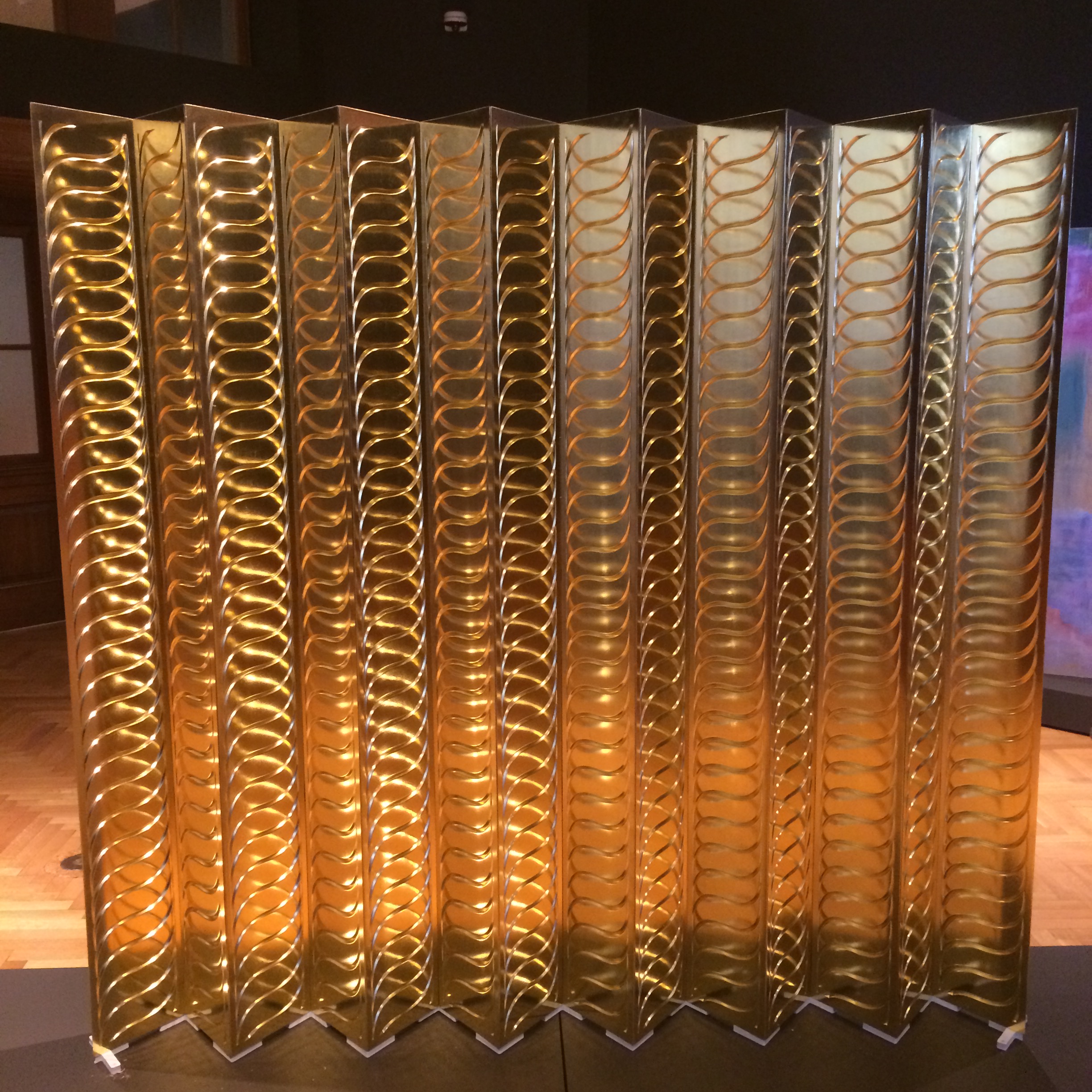 custom folding screen made in Maine gold leaf mahogany